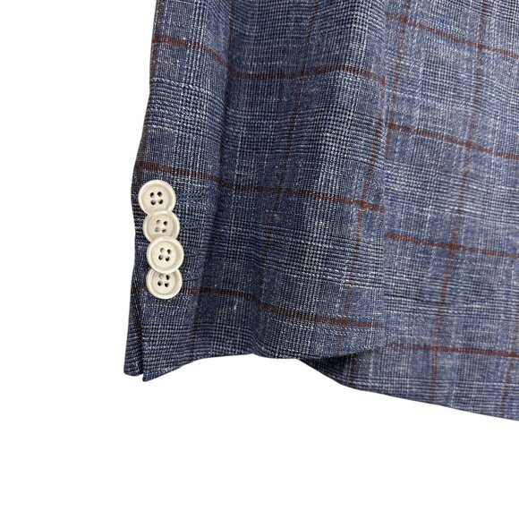 Hugo Boss Slim-Fit Micro-Patterned Jacket Blue Checkered Linen Cotton Blend Sz L - Picture 9 of 16